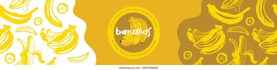 Vector bananas banner template with sketch bananas seamless pattern. Banana label backdrop. Bananafruit ornament. Yellow fruits label design.