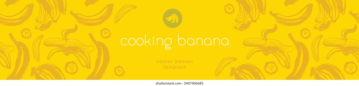 Vector bananas banner template with sketch bananas seamless pattern. Banana label backdrop. Bananafruit ornament. Yellow fruits label design.