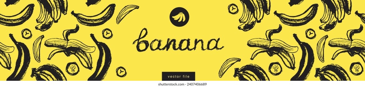 Vektorbananen-Banner-Vorlage mit skizzierbaren Bananen nahtloses Muster. Banana-Hintergrund. Bananafruit-Ornament Das Design der gelben Früchte.
