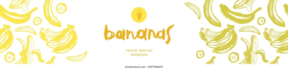 Vector bananas banner template with sketch bananas seamless pattern. Banana label backdrop. Bananafruit ornament. Yellow fruits label design.