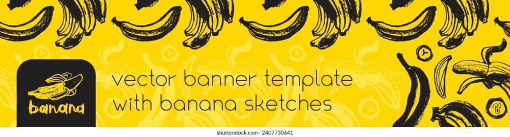 Planilla de banner de bananas vectoriales con sketch bananas sin fisuras. Fondo de la etiqueta de plátano. Ornamento de fruto de plátano. Diseño de etiquetas de frutas amarillas.