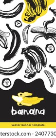 Vector bananas banner template with sketch bananas seamless pattern. Banana label backdrop. Banana fruit ornament. Yellow fruits label design.