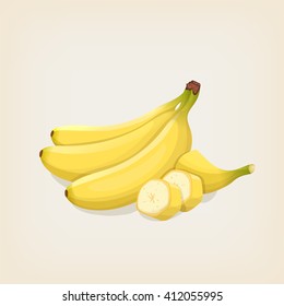 Vector bananas. Bunches of fresh banana and sliced banana. Vector illustration.