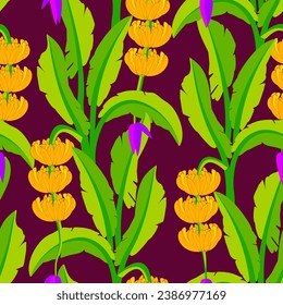 Vector - Bananas with leaves, illustation seamless pattern.