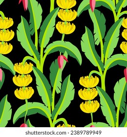 Vector - Bananas with leaves, illustation seamless pattern.