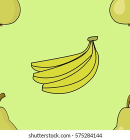 Vector bananas and pears seamless pattern on green background. 