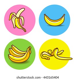 Vector bananas. Yellow banana with shadow on colored substrates. Set of vector illustrations.