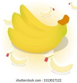 Vector bananas.Bananas in packaging for sale, yellow fruit and bunch of bananas. Tropical fruits, banana snack or vegetarian nutrition. Isolated vector illustration icons set