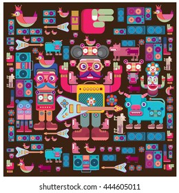 Vector band and musicians sticker pattern. Character design & music icon. Fun icon and music pattern.