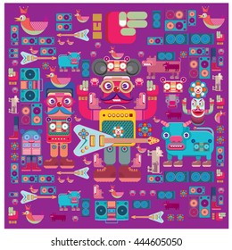 Vector band and musicians sticker pattern. Character design & music icon. Fun icon and music pattern.