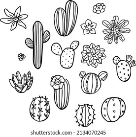 Banda vectorial pintada en blanco y negro conjunto retro de ilustraciones de suculentos y cactus. Ideal para imprimir, pegatinas, reserva de chatarra, diseño gráfico y otros proyectos creativos.