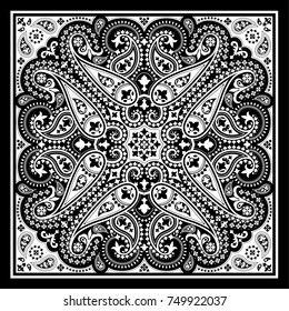 Vector bandana print with paisley ornament. Cotton or silk headscarf, kerchief square pattern design, oriental style fabric.