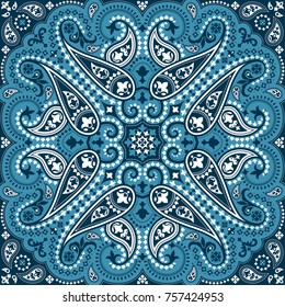 Vector bandana print with paisley ornament. Cotton or silk headscarf, kerchief square pattern, oriental style fabric.