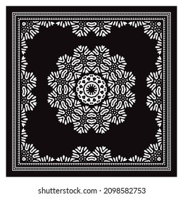 Vector Bandana Shawl, Tablecloth Fabric Print, Silk Neck Scarf, Kerchief Design, Ornament Paisley, Square Pattern.
