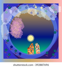  Vector bandana or silk neck scarf. Kerchief square pattern design style for print on fabric. Beautiful tablecloth. Night fog. Moonlight. Blooming garden. Spring. Small town. Template for pillowcase.
