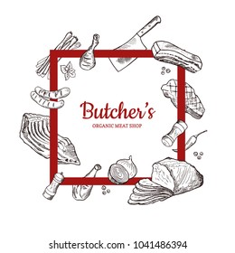 Vector baner poster with hand drawn monochrome meat elements illustration