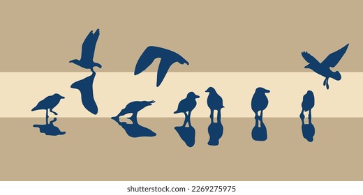 Vector baner with silhouette flying birds (gulls) on a background.