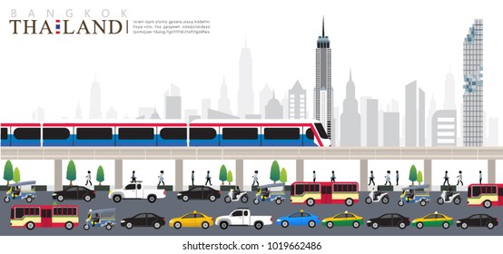 vector of Bangkok city, Rush hour in the city, Public transport 
