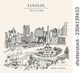 Vector Bangkok, Thailand, Asia panoramic metro train hand-drawn postcard. Victory monument. Retro style sky train drawing. Travel sketch. Artistic vintage touristic poster, calendar, book illustration