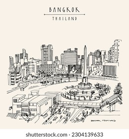 Tarjeta postal de la estación de metro panorámica Vector Bangkok, Tailandia, Asia. Monumento a la victoria. Dibujo del tren aéreo al estilo retro. Esbozo de viajes. Afiche artístico turístico vintage, calendario, ilustración de libro