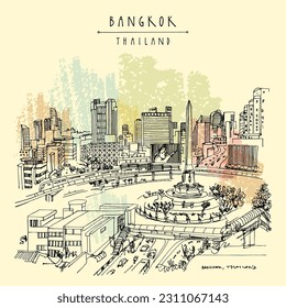 Tarjeta postal de la estación de metro panorámica Vector Bangkok, Tailandia, Asia. Monumento a la Victoria. Dibujo manual de estilo retro. Esbozo de viajes. Afiche artístico turístico vintage, ilustración de calendario o libro