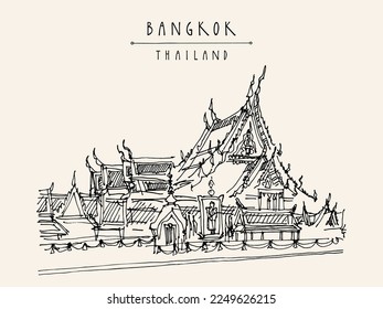 Vector Bangkok, Tailandia, postal Asia en estilo retro. Templo budista Wat Suthat en la capital tailandesa Krungthep Mahanakorn (Bangkok). Esbozo de viajes. Postal turística de época