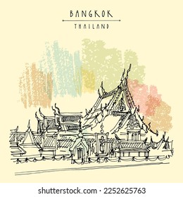 Vector Bangkok, Thailand, Asia postcard in retro style. Wat Suthat Buddhist temple in the Thai capital Krungthep Mahanakorn (Bangkok). Travel sketch. Vintage artistic hand drawn touristic postcard