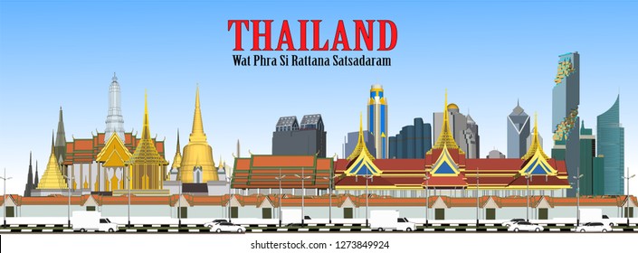 Vector Bangkok, Thailand with Wat Phra Kaew, Temple of the Emerald Buddha
