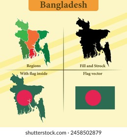 Vector Bangladesh map vector states and lines and full with vector flag and flag map