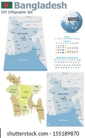 Vector Bangladesh maps, Bangladesh flag, Earth globe showing country location, map markers and related icon set