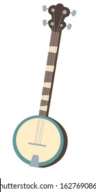 Vector banjo, musical instrument isolated on white background. Flat icon of american banjo, retro guitar with four strings for western or southern folk music