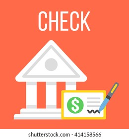 Vector bank building and check icon. Cheque icon. Flat design vector illustration concept for web banner, web and mobile app, infographics. Bank check icon graphic. Isolated on red background