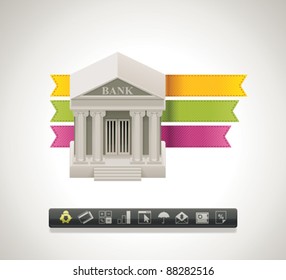 Icono de construcción de banco vector con conjunto de pictogramas relacionados con la banca