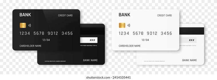 Vector bank card template png. Bank card on both sides. Credit or debit card with black and white design. Plastic bank card png.