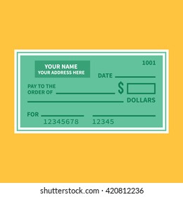 Vector Bank Check Template. Bank Cheque With Empty Fields Flat Design Vector Illustration Isolated On Yellow Background