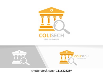 Vector bank and loupe logo combination. Column and magnifying symbol or icon. Unique judge and search logotype design template.