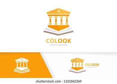 Vector bank and open book logo combination. Column and bookstore symbol or icon. Unique judge and library logotype design template.