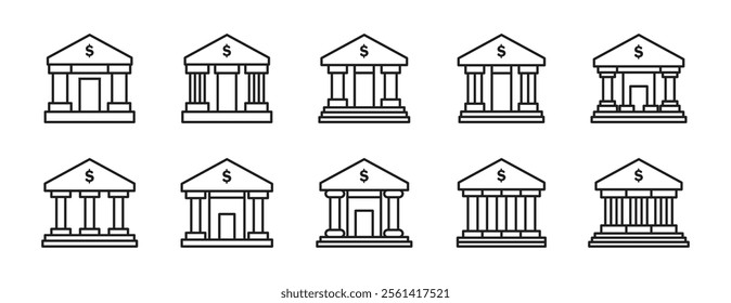 Vector Bank Outline Icon Set. Bank Outline Icon Collection