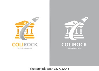 Vector bank and rocket logo combination. Column and airplane symbol or icon. Unique judge and flight logotype design template.
