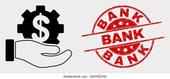 Vector bank service hand icon and Bank seal stamp. Red rounded textured seal with Bank caption. Vector combination in flat style. Black isolated bank service hand icon.