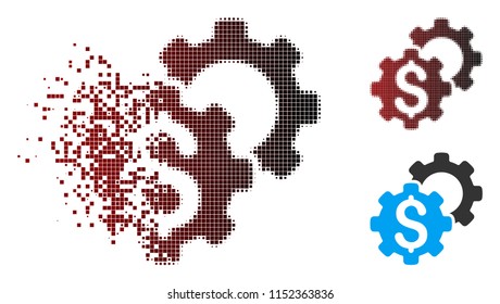 Vector bank settings icon in dispersed, pixelated halftone and undamaged solid versions. Disappearing effect involves square sparks and horizontal gradient from red to black.