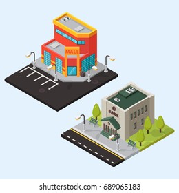 Vector bank and store isometric buildings isolated