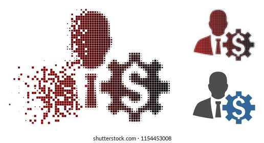 Vector banker options icon in dispersed, dotted halftone and undamaged whole versions. Disintegration effect uses rectangular dots and horizontal gradient from red to black.