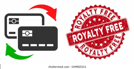 Vector banking card exchange icon and distressed round stamp watermark with Royalty Free caption. Flat banking card exchange icon is isolated on a white background.