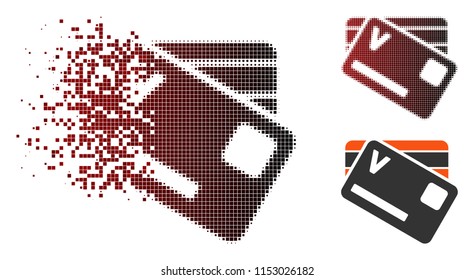 Vektorillustration Bankkarten Symbol in gelöstem, gepunktetem Halfton und unbeschädigten ganzen Varianten. Der verschwindende Effekt verwendet rechteckige Teilchen und horizontalen Farbverlauf von Rot zu Schwarz.