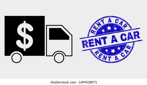 Vector banking delivery icon and Rent a Car watermark. Red rounded scratched watermark with Rent a Car caption. Vector combination in flat style. Black isolated banking delivery icon.