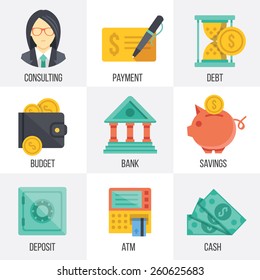 Vector banking and finance icons set. Flat design. Isolated on white background. Set 3.