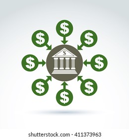 Vector banking symbol, money income icon, abstract illustration of banking structure. Banking service concept. Elements of financial system connected with arrows.