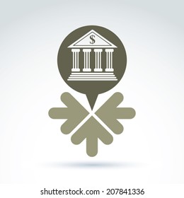 Vector banking symbol, revenue sources concept. Speech bubbles with bank building and dollar currency. 