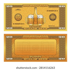 Vector banknote or certificate. 20 mugs of beer. Obverse and reverse. Seals, bottles and hops. Yellow coupon. Beery twenty. Ticket of bar or pub. Sample of textured flyer. Brew land